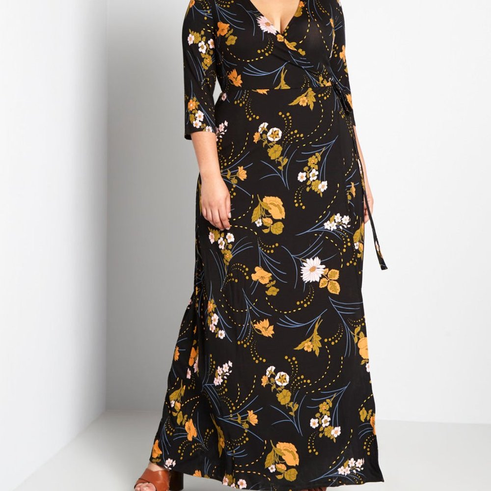 Modcloth Yellow Floral Black Maxi Dress Spring It On Me Wrap Dress